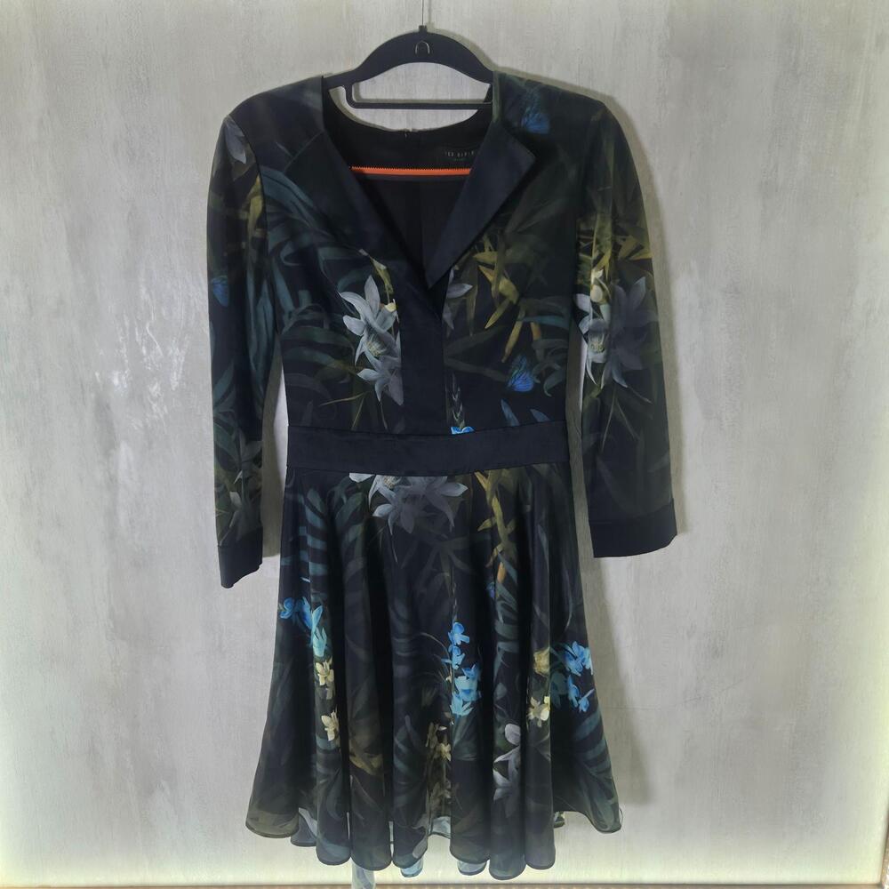 Ted Baker Dress Womens 1 Black Floral Fit & Flare 3/4 Sleeve Collared Zip Hailia